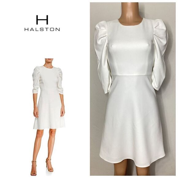 Halston ivory white puff sleeve dress.  Size 0. Retails $320 - Picture 1 of 9